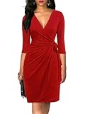 Berydress Women's Classic 3/4 Sleeve V Neck Sheath Casual Party Work Faux Wrap Dress (XL, 6083-Red)