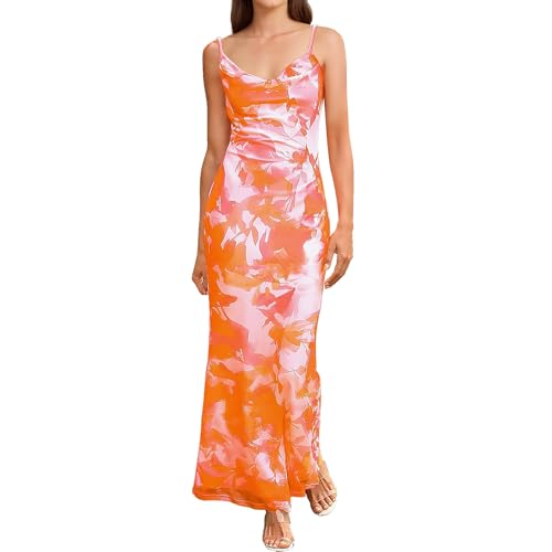 Image of Women's Spaghetti Strap Maxi Dress Floral Print Bodycon Long Dress Summer Beach Vacation Wedding Guest Outfits