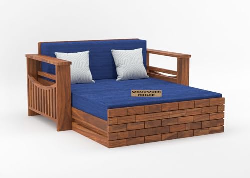 Image of Solid Sheesham Wooden Sofa Cums Bed with Mattresses for Living Room | Rosewood 2 Seater Sofa Cums Bed for Bedroom Without Pillow (B-Natural Finish)