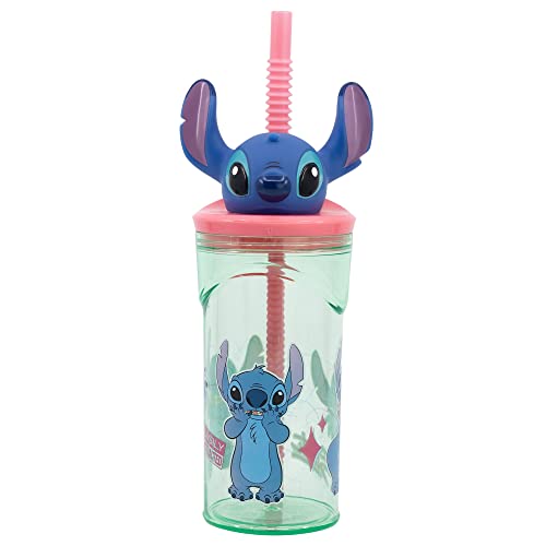 Vaso Infantil Reutilizable con Pajita y Tapa con figurita 3D y Capacidad de 360 ml de Stitch