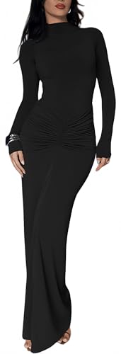 Sukiglam Vestido Ajustado de Mujer Manga Larga Cuello Alto Elegante Vestidos Largo con Fruncido Sexy Vestidos Elástico Casual Bodycon Dress Color Sólido Maxi Vestido de Fiesta Cóctel Boda Streetwear