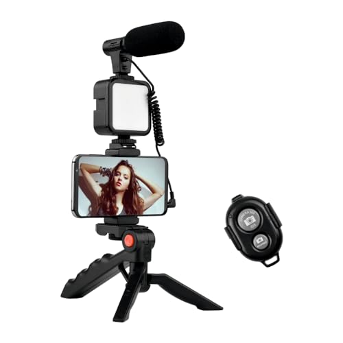 Tripé Suporte De Celular Com Iluminação De Led Microfone Condensador P2 Com Controle Sem Fio Tripod