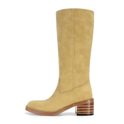 Image of DOEYG Women's Banana Knee High Boots Square Toe Chunky Block Heel Tall Boots Wide Calf Fashion Comfortable Casual Pull on Long Boots
