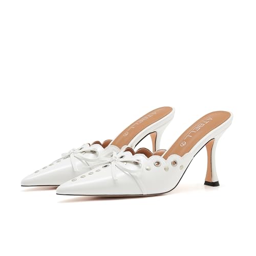 Image of Kitten Heel Mules for Women Bow Tie Suede Stiletto Heels Mule Pointed Toe Studs Slide Heeled Sandal Pumps for Wedding Dress Party