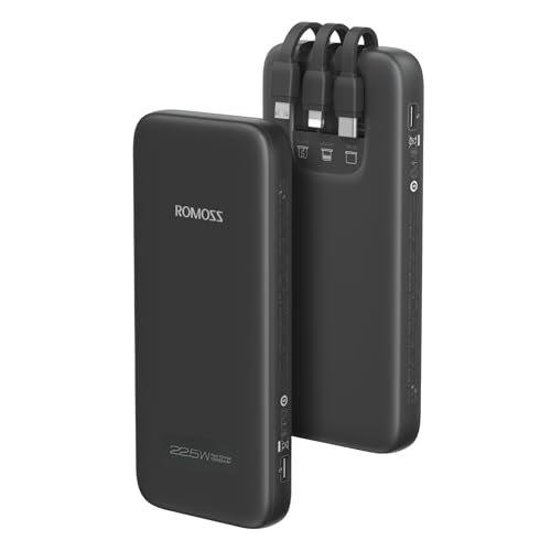 ROMOSS 10000mAh Power Bank with Built in Cables, 22.5W Fast Charge USB C Portable Charger, 4 Outputs External Battery Pack for iPhone 17/16/15, Samsung S25/S24, Android, Switch and More Smart Devices