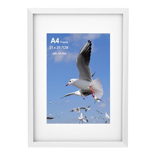 Szyeequoo A4 Picture Frame White 1 Pack 21 x 29.7 cm Wooden Photo Frame with Mount for A5 14.8 x 21 cm Display Clear Acrylic Front Wall Hanging or Tabletop for Certificates Posters Artwork