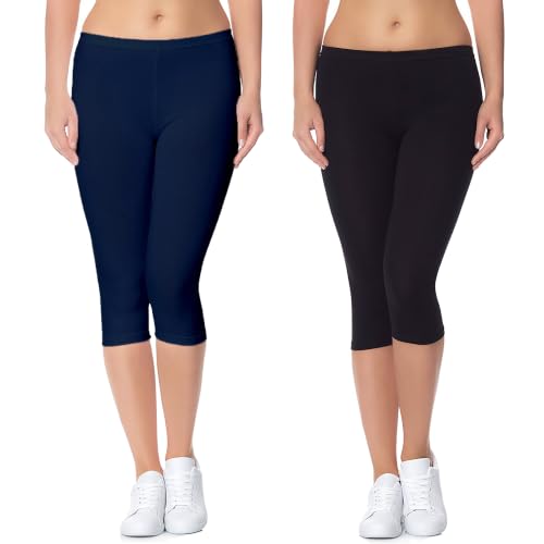 Image of Women's 3 /4 Calf-Length Leggings - Stretchable Cotton Blend, Comfortable Everyday Wear Pack of 2