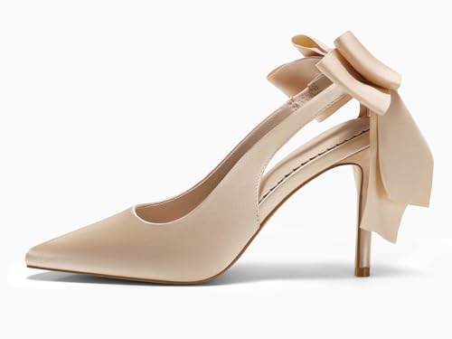 Image of Coutgo Womens Slingback High Heels with Bow Closed Pointed Toe Wedding Bride Dress Shoes Satin Pumps