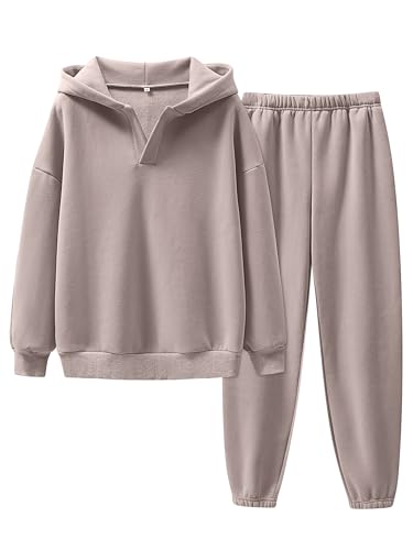 ANRABESS Womens 2 Piece Outfits Lounge Hoodie Oversized Sweatshirt V Neck Pullover Jogger Sweatpants 2025 Fall Matching Set