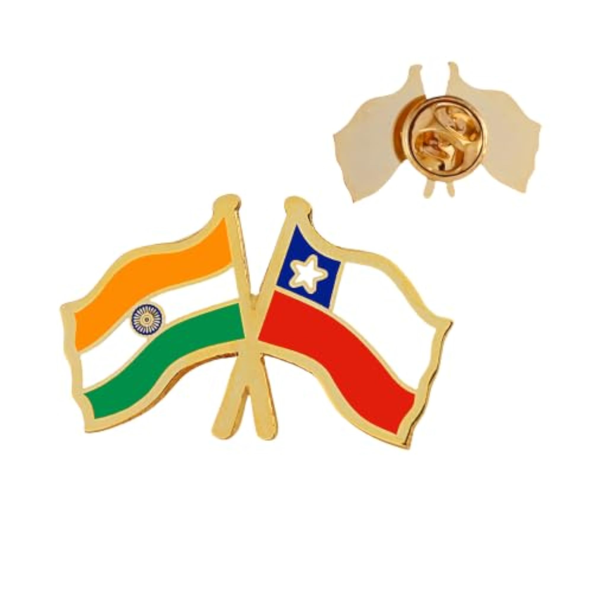 India & Chile Twin Flag Brass Lapel Pin, Premium Enamel Brooch