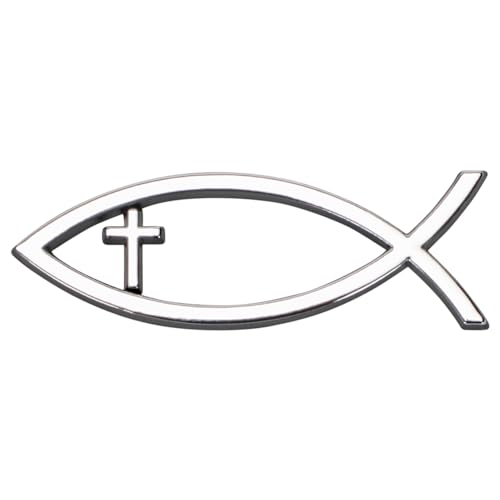 Image of Dicksons, Large Silvertone Christian Cross and Fish Symbol, for Car, Vehicle, Truck, Van, Super Adhesive, All Weather, Inspirational Bumper, Easy Peel and Stick Auto Emblem, 2 - Piece Pack