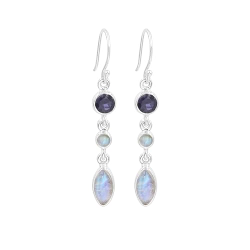 Boucles d'oreilles pendantes argent 925 anti-allergie avec iolite et pierre de lune