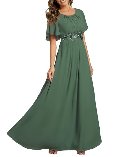 Image of Ever-Pretty Women's Classic Round Neck Pleated Short Sleeves Chiffon Appliques Floor Length A Line Formal Evening Dresses