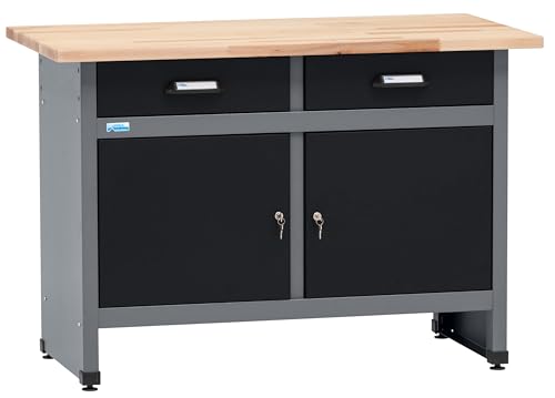 Küpper Werkbank 12059, 120x84x60cm, 2 Schubladen, 2 Türen, 300 kg Traglast, 30 mm Massive Buchenarbeitsplatte (Schwarz)