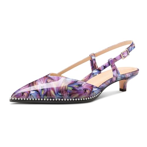 Aachcol Womens Pointed Toe Slingback Heels Low Kitten Heel Sandals Patent Leather Sliver Beaded Pumps Buckle Prom Dress Shoes 1.4 Inches Heels
