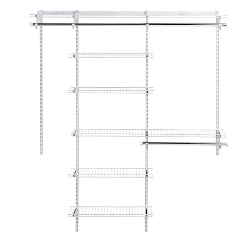 Rubbermaid Configurations Deluxe Custom Closet Kit 3-6 Ft. Adjustable Metal Wire Shelving White Finish Expandable Organization System Hardware Included for Home Closet/Pantry/Laundry/Mudroom