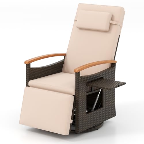COSTWAY 360 Degree Swivel Garden Recliner Chair, Patio Rattan Reclining Armchair with Adjustable...