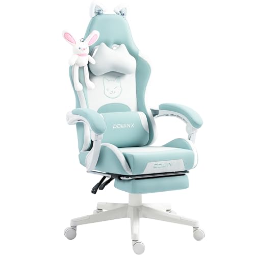 Dowinx Gaming Stuhl - Süße Katze Edition - Ergonomischer Computerstuhl mit Hoher Rückenlehne und Lendenwirbelstütze, PU-Leder, Fußstütze, Blau