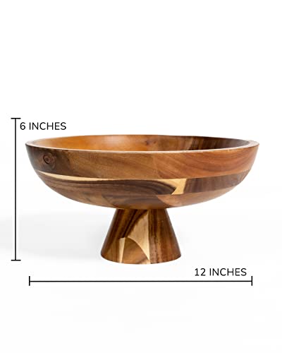 Moxy Bare Wooden Fruit Bowl | Large 12" Fruit Bowl For Kitchen Counter | 100% Acacia Wood | Dining Table Centerpiece Décor | Decorative Pedestal Bowl | Coffee Table Or Bookshelf Décor #TOP1