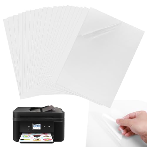 20 Blätter A4 Vinyl Aufkleberfolie Selbstklebend Folie, Transparent Klar Selbstklebend Aufkleber zum Bedrucken, Druckerpapier Schnell Trocknen Stickerpapier für Tintenstrahldrucker und Laserdrucker