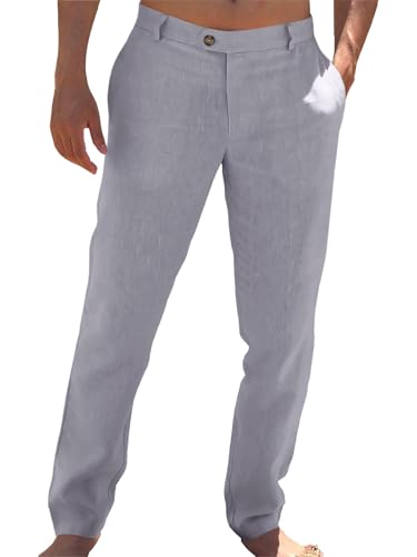 Image of Runcati Mens Casual Pants Elastic Waist Linen Dress Lightweight Straight-Legs Loose Fit Summer Beach Yoga Trousers