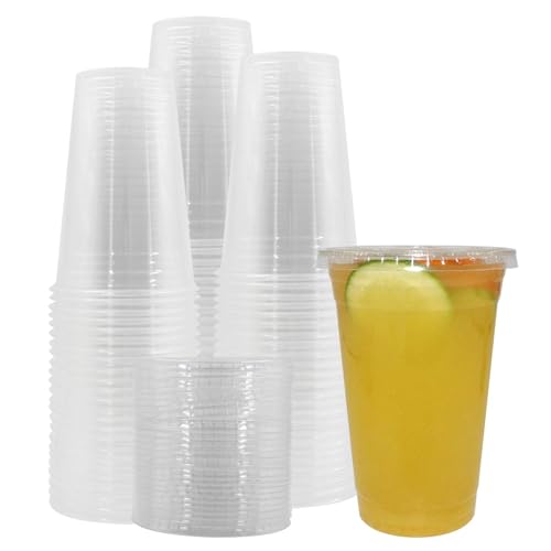 Belinlen 100 Sets 24 oz. Plastic CRYSTAL CLEAR Cups with Flat Lids for Cold Drinks, Iced Coffee, Bubble Boba, Tea, Smoothie etc.