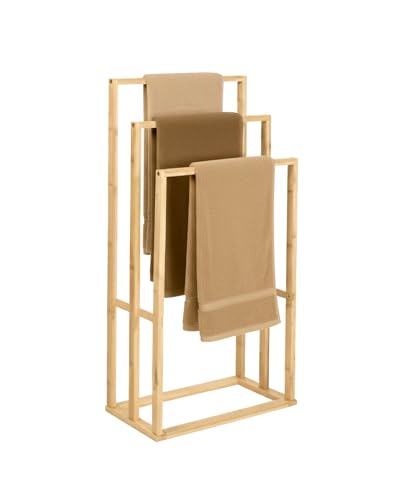 BRINDEK Toallero de Pie de Bambú Natural con 3 Niveles | Estructura Abierta para baño, Dormitorio o lavadero | Diseño Moderno Tipo Escalera | Ligero, Resistente y fácil de Montar | 62x42x24 cm