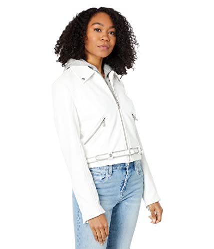 BLANKNYC] womens White Vegan Hooded Moto With Zipper Pockets and