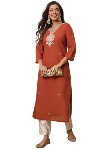 Image of Women's Embroidered Silk Straight Kurta Kurti | Below Knee Kurtas for Women Traditional Indian Wear Outfit Suitable Casual Festive Office Styling