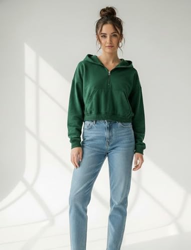 Image of Hoodies for Women Half Zip Up Cropped Sweatshirts Jackets Casual Comfy Gym Tops Fall Outfits Fashion Solid Long Hooded Neck Hoodie Zipper Crop Jacket for Women's