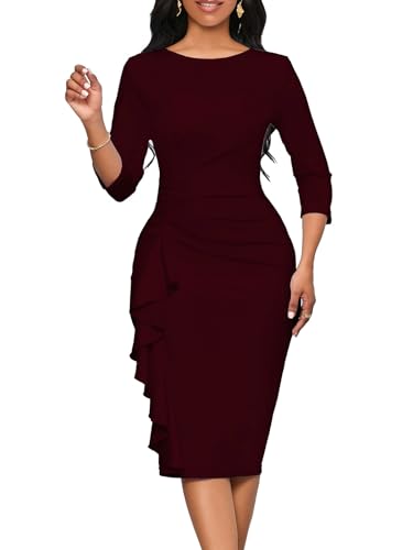 Image of Church Dresses for Women 3 /4 Sleeve Ruffle Vintage Bodycon Cocktail Work Midi Pencil Dress