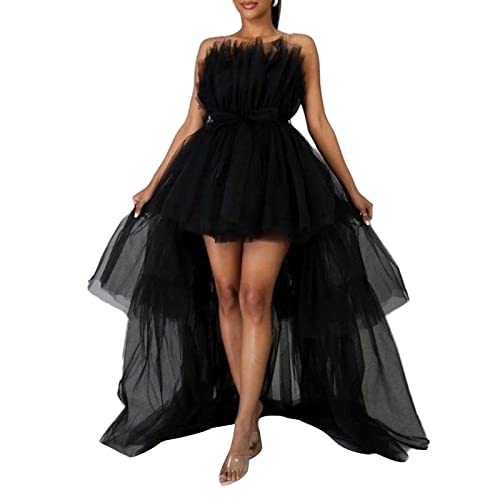 Damen gestuftes Hoch Niedrig Abschlussballkleid Schleife Schärpe Tüll Homecoming Festzug Kleider Schulterfrei Rüschen Tutu Lang Puffy Gown, Schwarz , X-Large