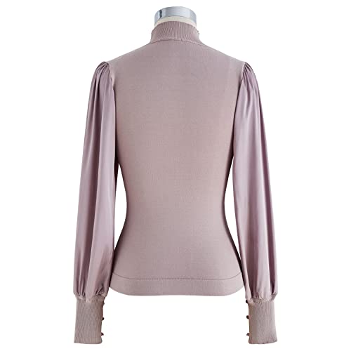 Image of CHICWISH Women's Mock Neck Satin Spliced Bubble Sleeves Knit Top