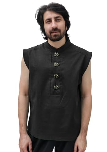 KUOIN Medieval Shirt for Men Linen Pirate Sleeveless Tunic with Retro Button