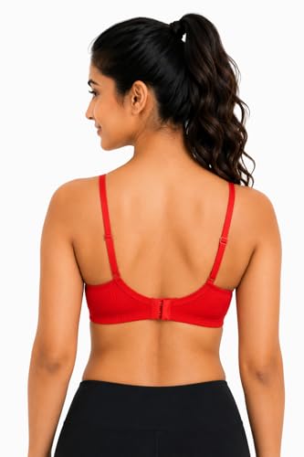Image of Women's Cotton Rich Padded Wire-Free Everyday Bra, Seamless Self-Stripe Full Coverage T-Shirt Bra (Red)