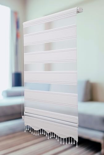 PlisseeOnline Doppelrollo Klemmfix ohne Bohren Weiß Silber Glitzer mit Perlen Duo Rollo für Fenster und Türen Plissee Rollo Gardine 90 x 150 cm Blickdicht Klemmrollo mit Perlen Seitenzugrollo
