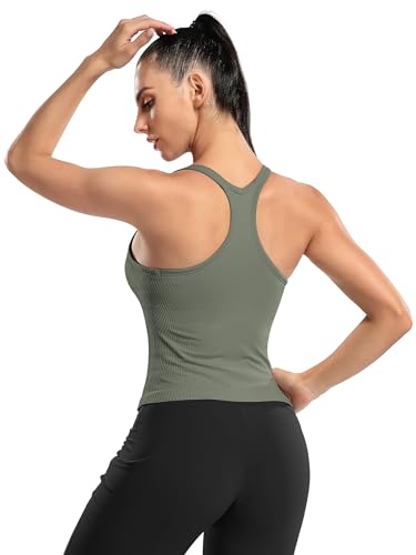 Image of ATTRACO Ribflex Ribbed Workout Crop Tops with Built in Bra for Women Yoga Racerback Tank Top Slim Fit