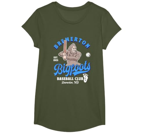 Funny Bigfoot Baseball Retro Minor League Baseball Team T-Shirt, Girls, Olive Green, Medium