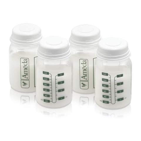 Ameda Breastmilk Storage Bottles with Lock-Tight Cap | 4.4 Ounce Breast Milk Storage Containers for Fridge (4 Count) | Breastmilk Storage Bag Alternative | Breastfeeding Supplies Cover