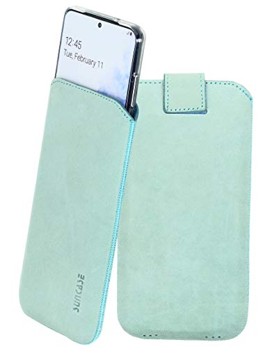 Étui en cuir Honor 50 avec coque silicone transparente antichoc et languette Suncase turquoise