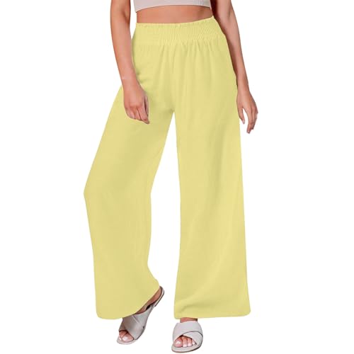 Pantalon décontracté pour femme en lin taille haute jambe large