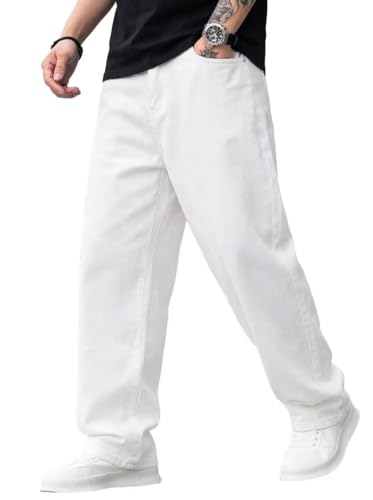 ALLABREVE Mens Baggy Hip Hop Jeans Y2k Wide Leg Denim Pants Relaxed Fit Skater Trousers Streetwear White