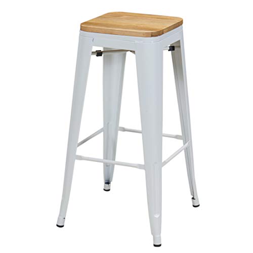 DUHOME Tabouret de Bar en Métal, 76cm Tabouret Haut Empilable Tabouret de Comptoir Industrielle pour Bar Bistro Cuisine, Blanc + Bois foncé