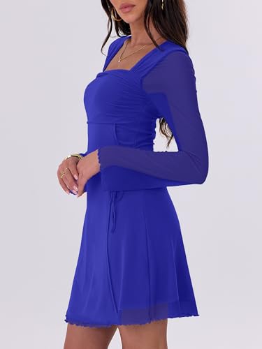 Image of Caracilia Womens Sexy Mesh Ruched Mini Dresses Long Sleeve Square Neck Tie Fall Club Party Cocktail Short Dress 2026 Fashion
