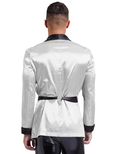 Men's Smoking Jacket Satin Gown Robe Long Sleeve Short Kimono Smoking Robe Coat with Belt2