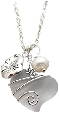 Yinahawaii Handmade Sea Glass Necklace, Wire Heart Necklace, Charm and Pearl Necklace, Sea Glass Jewelry Birthday Gift For Women