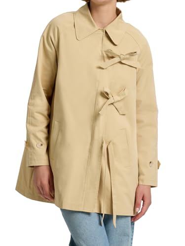 HOULENGS Women's Long Sleeve Bow Toggle Trench Coat Casual Button Down Lapel Jacket Fall Fashion Outerwear with Pocket