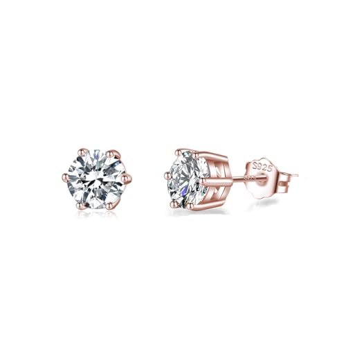 Image of SLUYNZ 925 Sterling Silver Sparkling Cubic Zirconia Stud Earrings for Women Teen Girls Round CZ Stud Earrings 5MM/6MM/7MM Simulated Diamond Studs (C-Rose Gold, 6mm)