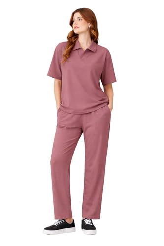 Image of Kvetoo Women Solid Tracksuit Set Cotton Lounge Wear Set Half Sleeve Polo T-Shirt & Straight Pant Casual Travel Outfit
