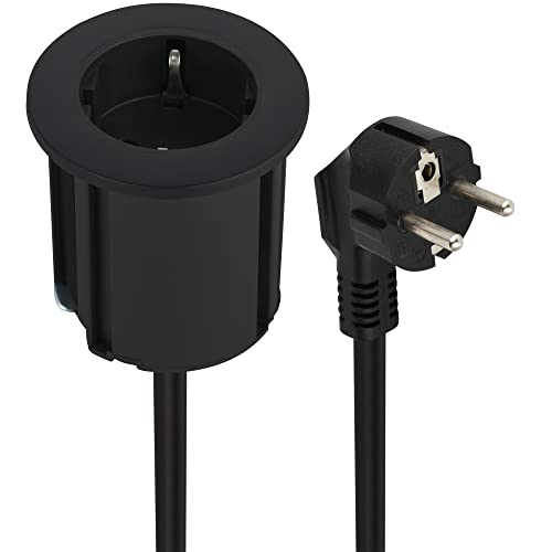 Electraline 62564 Tischplatte Grommet Einbausteckdose/Tischsteckdosenleiste/Tischsteckdose/Tisch Einbau Steckdose Schuko, Kabel 2M, D 54mm+Ausgestattet mit Adapter für Standardlöcher 60 mm, Schwartz
